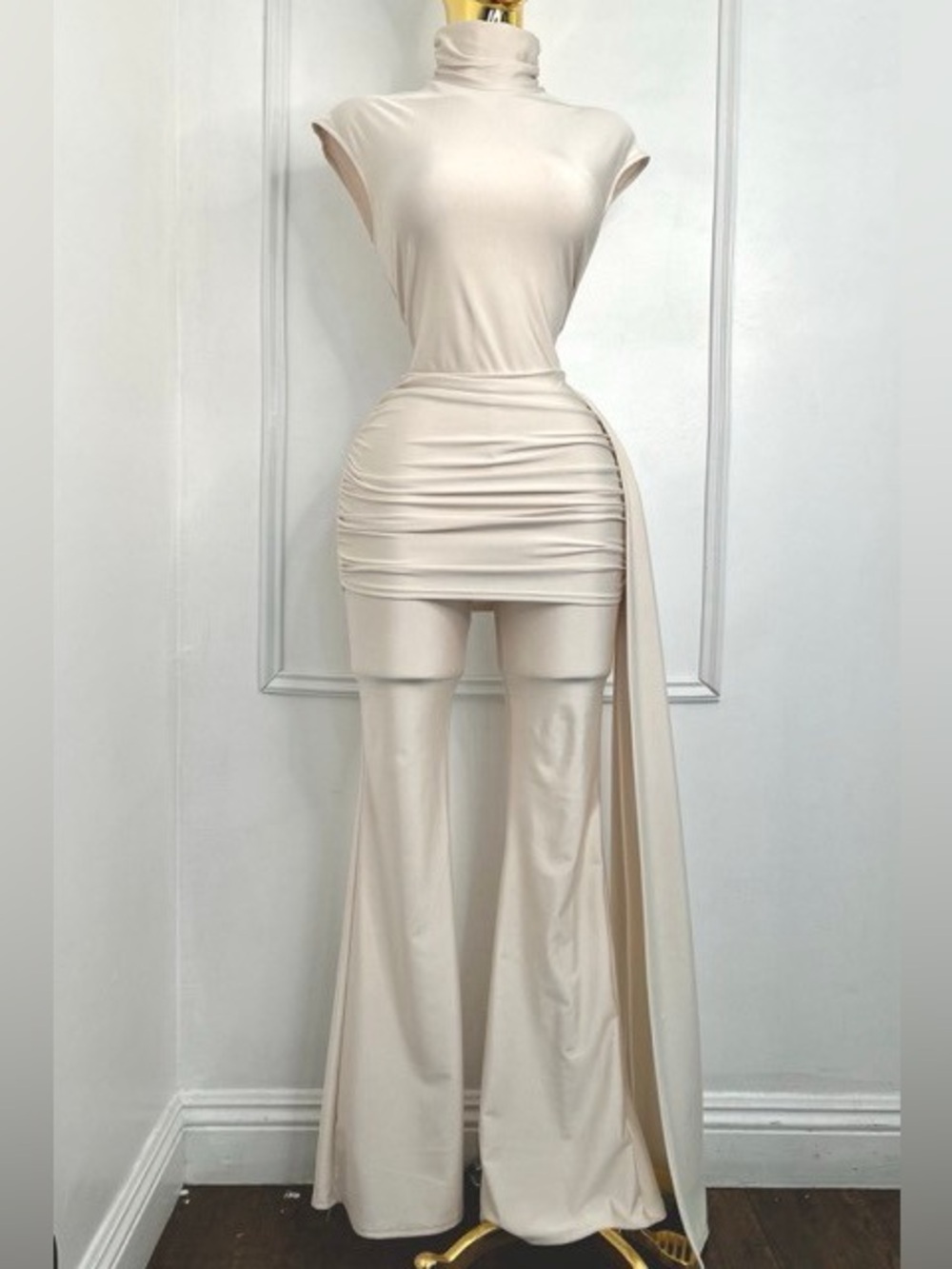 High-Neck Women's Jumpsuit with Draped Side Panel CHAMPAGNE